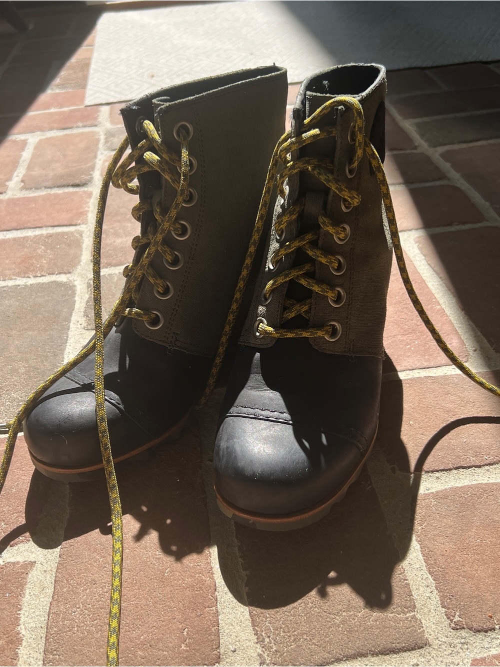 Sorel Women's Black and Olive Lace-Up Ankle Boots with Yellow-Accent Laces